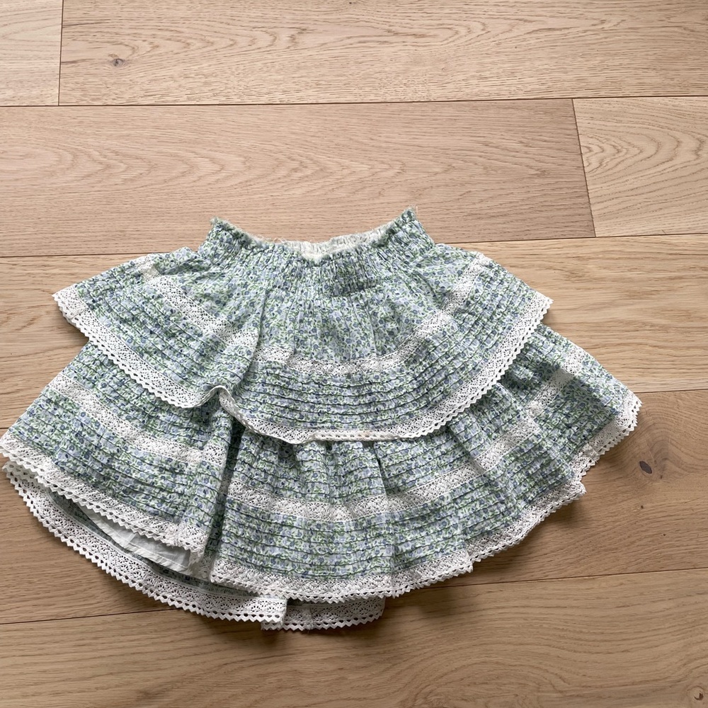 aerie White and Light Green Floral Tiered Midi Skirt